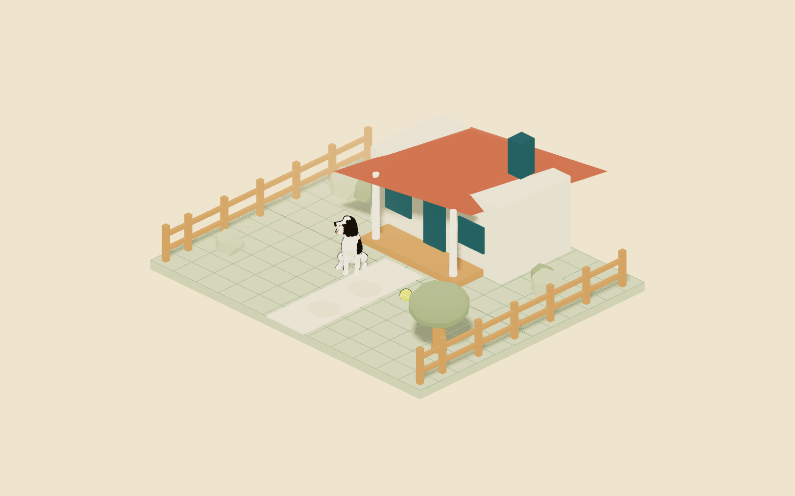An early low-poly Clubhouse yard concept with a dog beside its bungalow